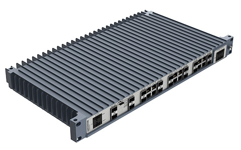 Westermo Industrial Rackmount Switch Redfox-5528-F16G-T12G top left angle view.