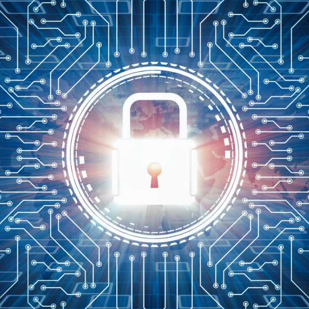 Image showing a lock on blue technology background, representing cyber security.